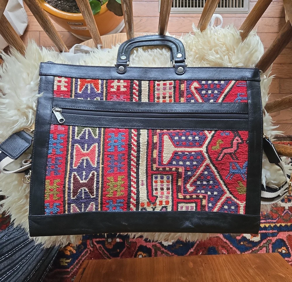 Tapestry, KILIM ART Boho Woven Tribal Pattern Tote - Red, Navy, Cream